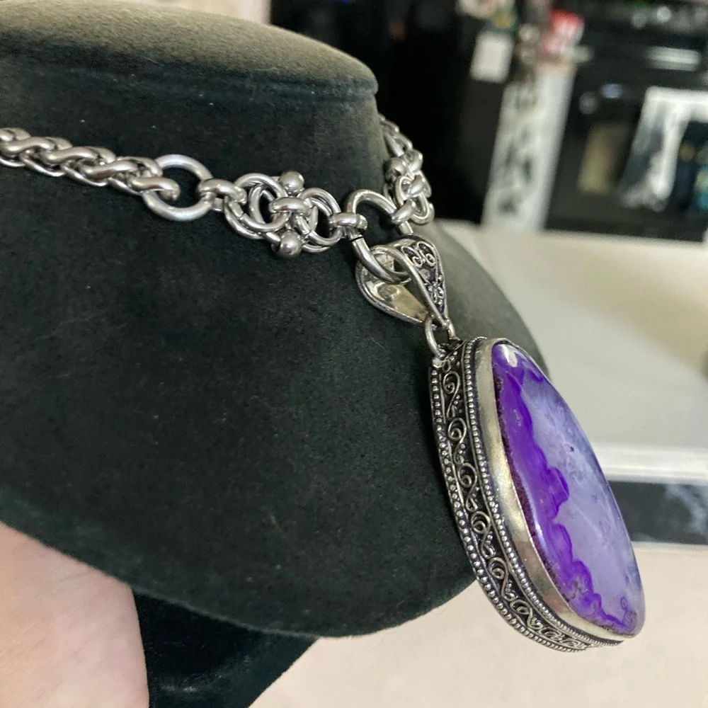 925 sterling silver overlay purple agate gemstone charm maille boho necklace - Picture 4 of 10